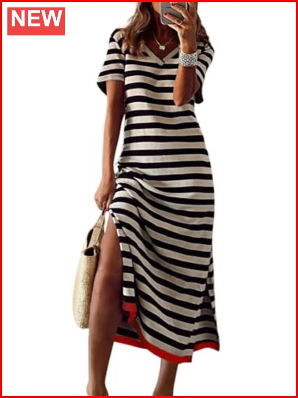 Short Sleeve Striped Maxi Dress with Side Split - Flowy Casual T-Shirt Dress